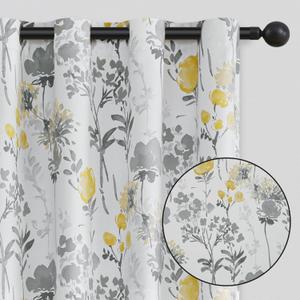 100% Blackout Grey Flower Curtains 63 Inch Long, Yellow Room Darkening Privacy Protect Curtain Panels for Bedroom, Energy Saving Watercolor Floral Pattern Window Treatments 2 Pack 52" W