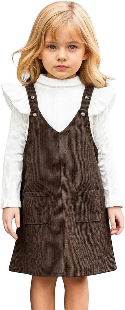 6T Toddler Little Girl V Neck Corduroy Pinafore Overall Jumper Dress Turtleneck Long Sleeve T-Shirt and Knee-Length Dresses Set 2 Pieces Fall Winter Outfits Size 6 Spring Clothes, 6-7 Years, Coffee