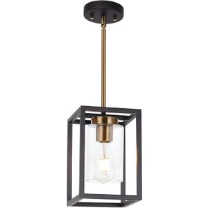 VINLUZ 1-Light Mini Lantern Pendant Light,Black and Brushed Brass Finish Farmhouse Chandelier with Clear Glass Shade Foyer Cage Hanging Ceiling Lighting for Kitchen Island Dining Room Entryway