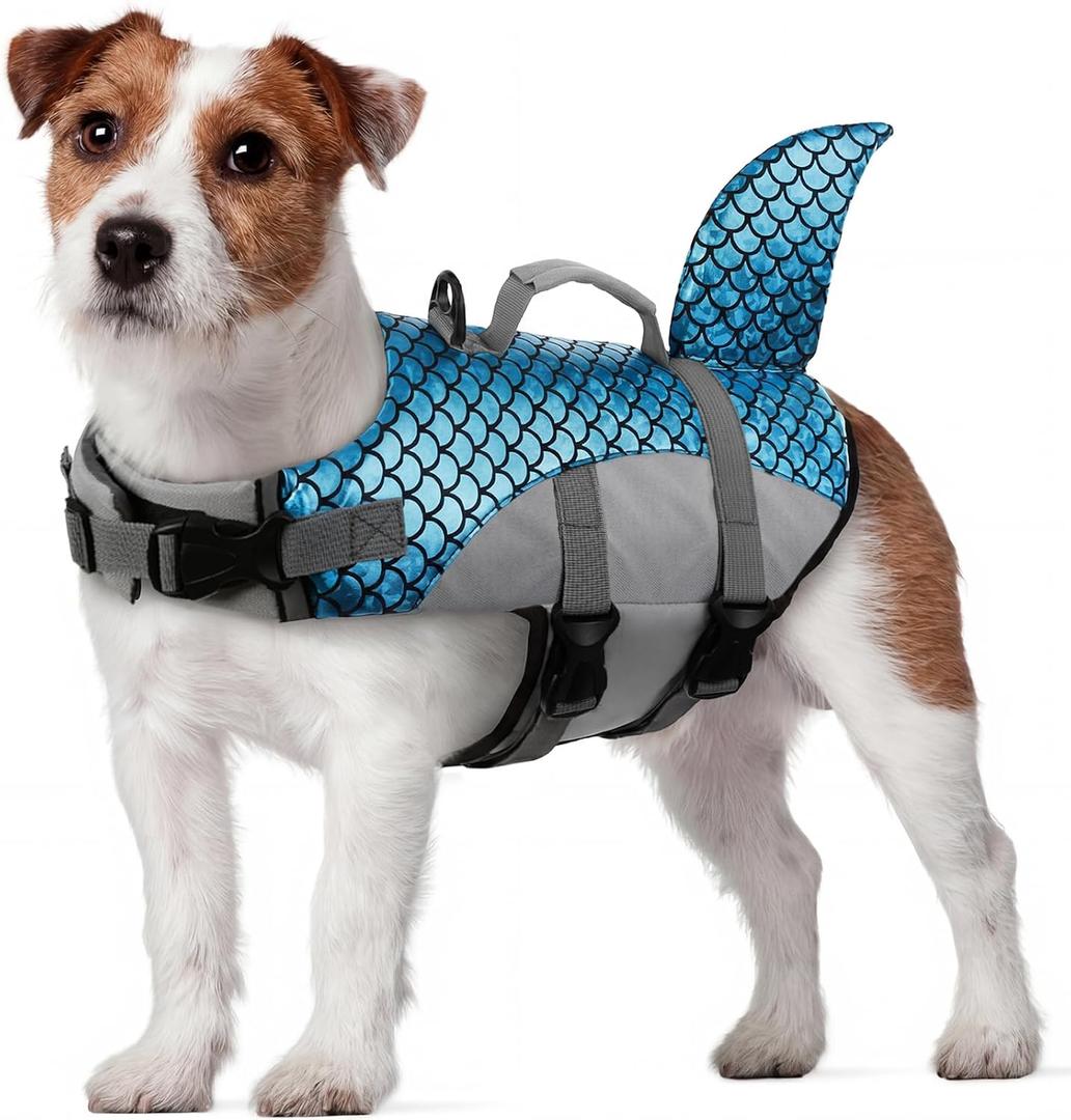 Kuoser Dog Life Jacket with Shark Fin, Ripstop Durable, Blue XS | High Float 600D Oxford Ripstop for Durability, Shark Fin Design Visible & Cute, Pet Life Vest for Swimming, Boating, Beach