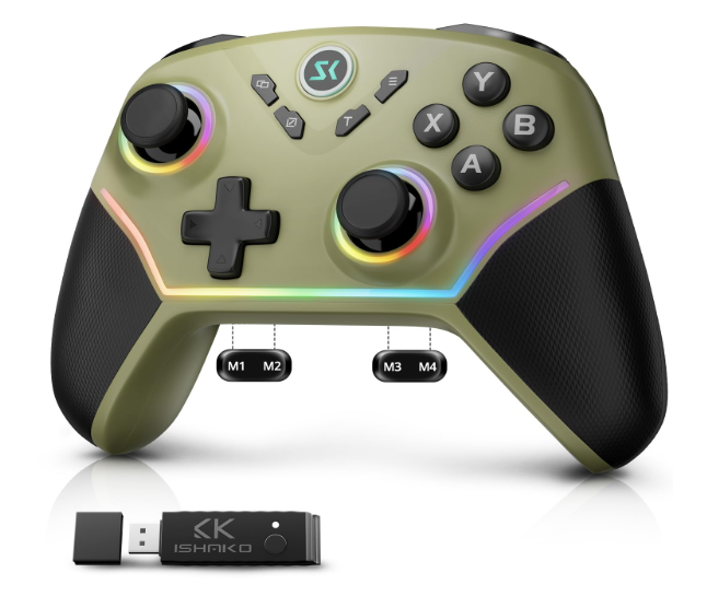 ISHAKO Wireless Gaming Controller 1000Hz Polling, 1200mAh Battery PC Controller, Back Buttons, Hall effect Joystick, Hall Triggers, 3-Mode Triggers 2.4G&Bluetooth Controller for PC/Steam/iPhone/Android/Switch - Green