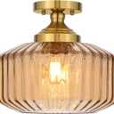 11.8in Semi Flush Mount Ceiling Light Fixture, Vintage Striated Glass Kitchen Lighting Fixtures Ceiling Mount for Entryway Hallway Bedroom Dining Room Bathroom Foyer Laundry (Amber)