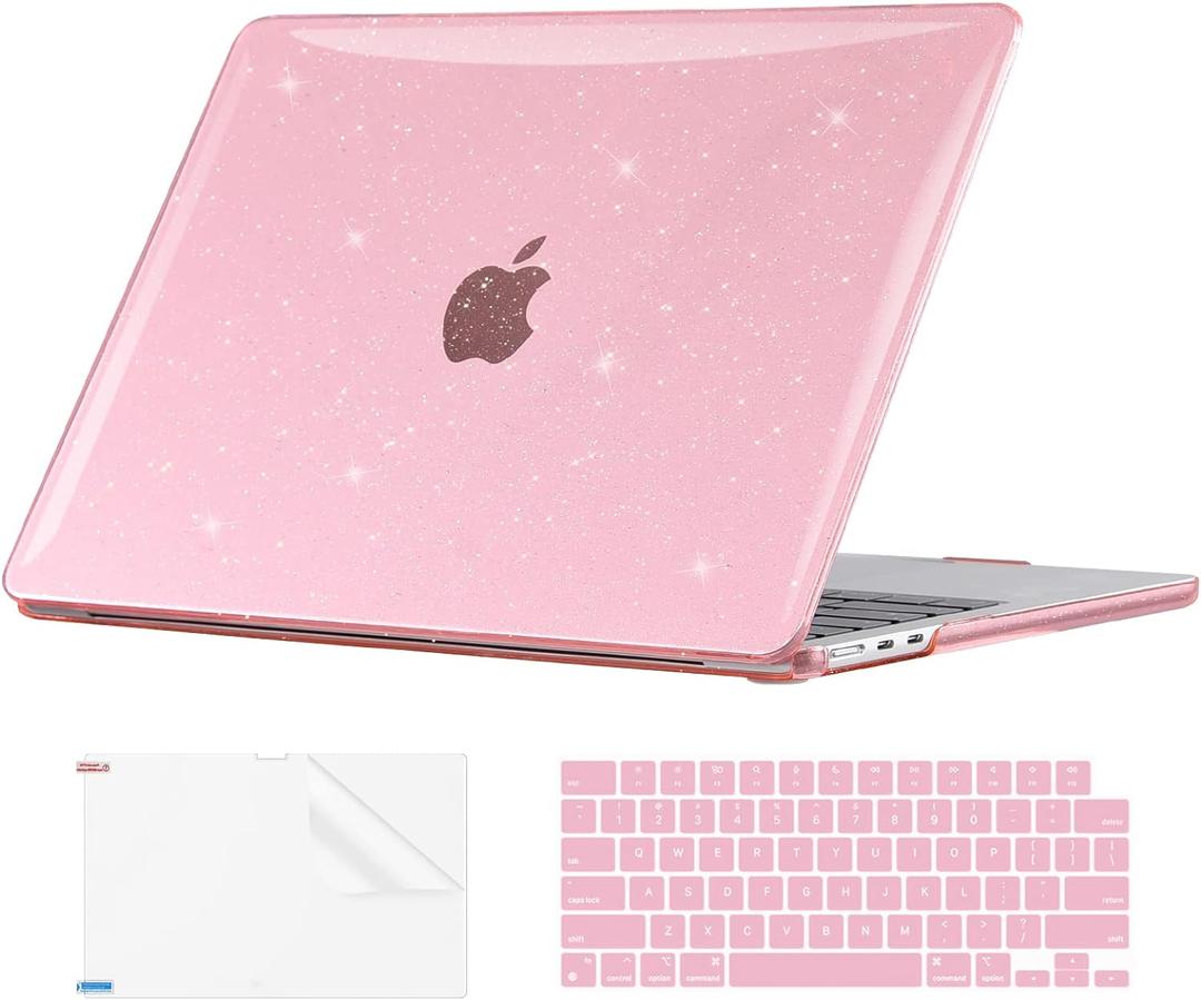 EooCoo Case Compatible with MacBook Air 13 inch 2026 2025-2022 Release M4 M3 M2 A3240 A3113 A2681, Glitter Hard Shell&Keyboard Skin Cover&Screen Protector for Mac Air 13.6 inch Case, Sparkly Pink