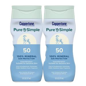 Coppertone Pure and Simple Zinc Oxide Mineral Sunscreen Lotion SPF 50, Water Resistant Sunscreen for Sensitive Skin, Hypoallergenic and Fragrance Free, 6 Fl Oz Bottle, Pack of 2