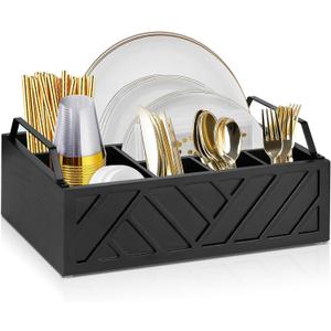 Paper Plate Dispenser and Holder for Kitchen Counter, Wood Rustic Silverware Utensil Caddy, Cutlery Flatware Organizer Box for Cups Spoons Forks Napkins, Kitchen Accessories (Black)