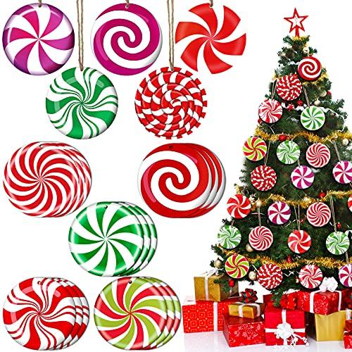 Blulu 30 Pcs Christmas Candy Tree Ornament Hanging Wood Peppermint Candy Cane Lollipop Ornaments for Christmas Tree with Ropes for Themed Xmas Supplies Decor