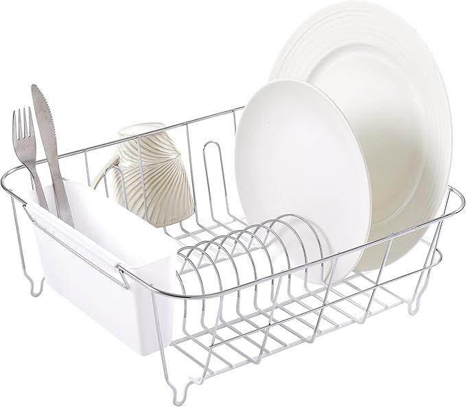 JAQ Dish Drainer in Sink Adjustable 14.96" to 20.59", Expandable 304 Stainless Steel Metal Dish Drying Rack Organizer with Stainless Steel Utensil Holder Over Inside Sink Counter