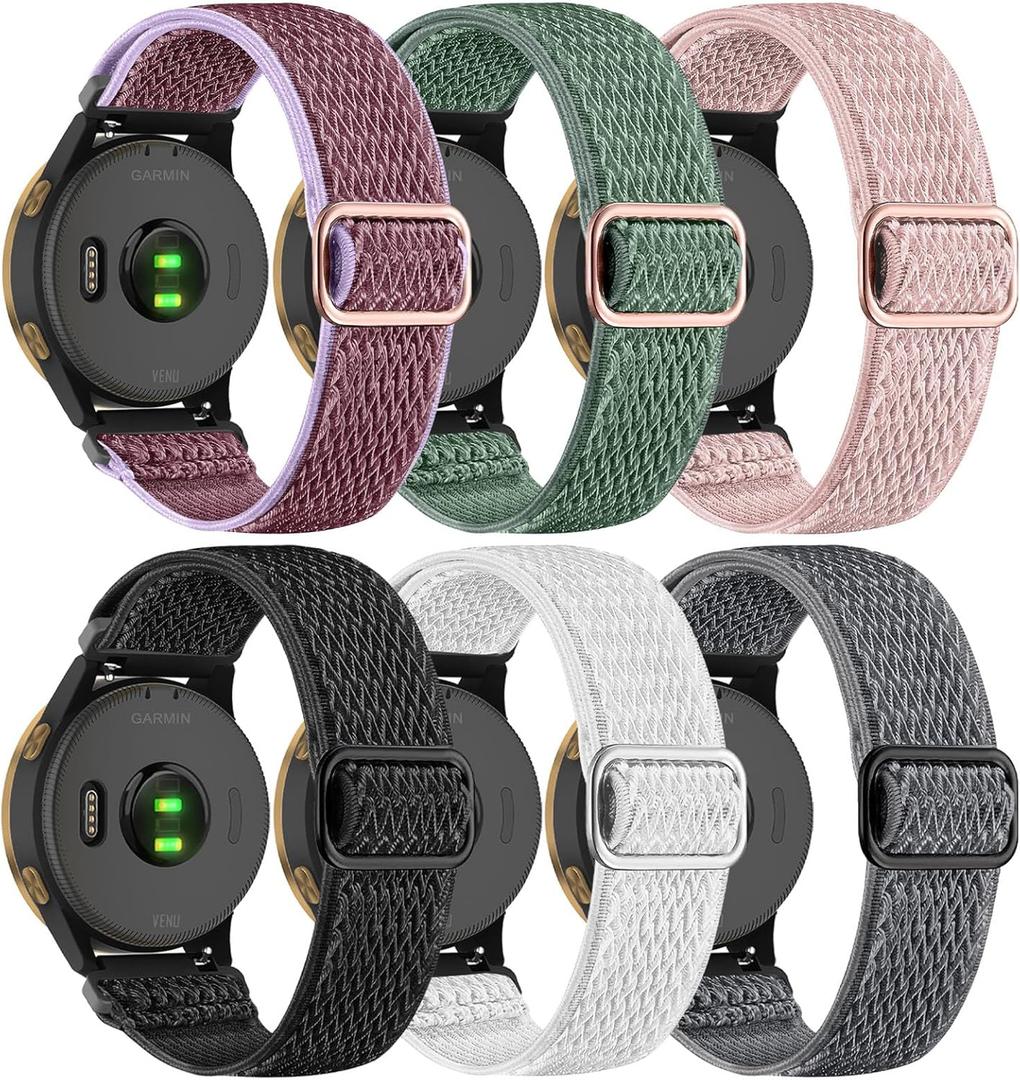 6 Pack Stretchy Bands Compatible with Garmin Vivoactive 6/Vivoactive 5/3/Venu/Venu Sq/Venu 2 Plus,20mm Elastic Watch Strap Loop Wristband for Garmin Forerunner 165/55/645/245 Music Women Men