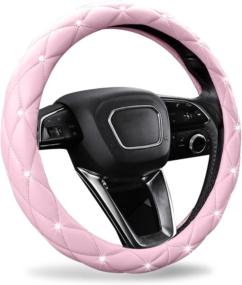 SuperKaKa Pink Steering Wheel Cover 2026, Auto Cute Diamond Bling Comfort Leather Girly Car Interior Accessories Protector Sparkly Automotive Decoration for Women Girl Coquette