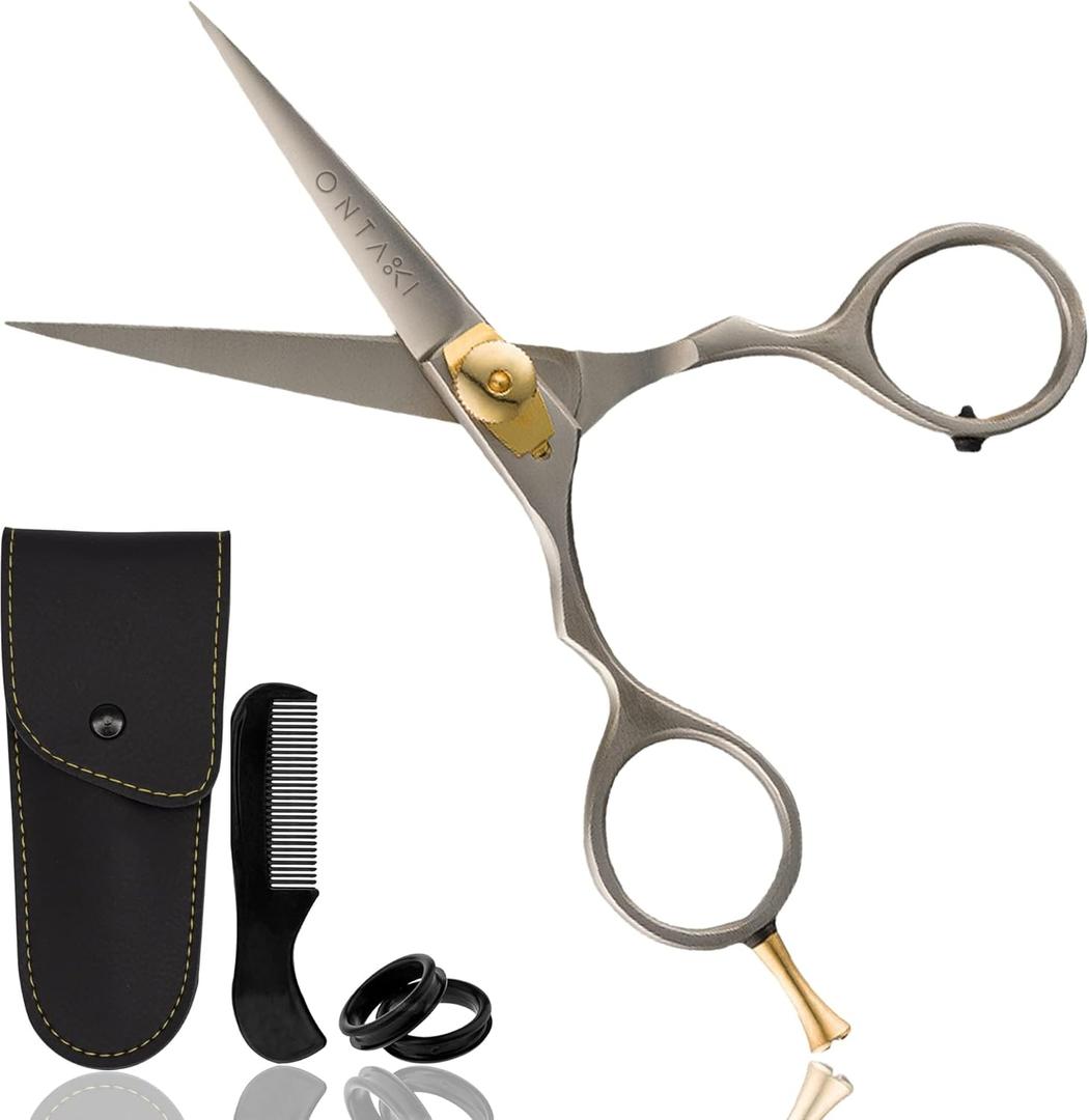 Ontaki Beard & Mustache Scissors for Men - 5.5" Japanese Steel, Silver - Precision Sharp Blades, Ergonomic Finger Rest & Adjustable Tension Screw for Perfect Trimming - Beard Grooming Scissors