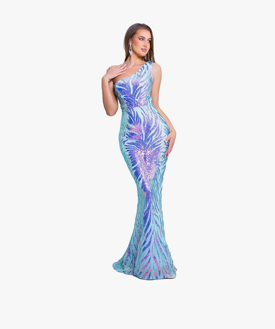 Romagic One Shoulder Formal Sequin Dresses Holographic Evening Maxi Gown Blue, Large