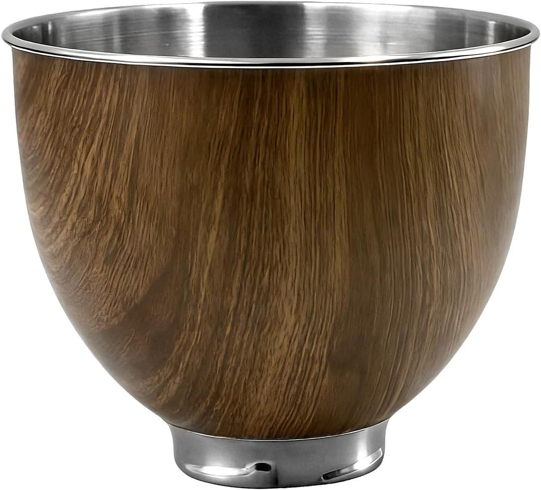 5QT Stainless Steel Mixer Bowl, Compatible with KitchenAid Series 4.5-5QT Tilt-Head Mixers, Suitable for K45SS, KSM75, KSM90, KSM100, KSM150, Wood TextureDishwasher Safe, Heavy Duty, No Residue