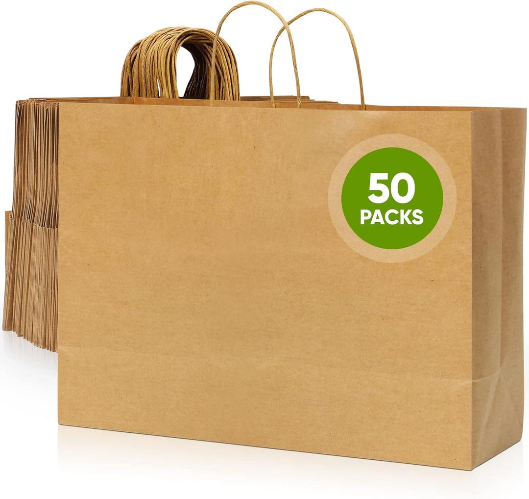 Tobvory Paper Bags With Handles, 50 Pcs Kraft Paper Bags 16x6x12 Inches Brown Bulk, Large Recycled Paper Bag, Shopping/Gift/Retail Bag For Small Business Grocery