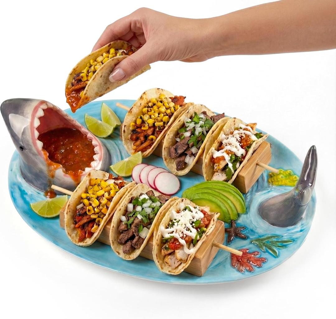 2 Pack Blue Ceramic Taco Holder, Shark Sushi Plate, Funny Handmade Kitchen Salad Plates with Dipping Sauce Bowl, Microwave/Oven/Dishwasher Safe Plates, Holiday Birthday Gifts for Shark Party Lovers