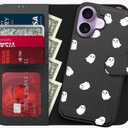 FUNMIKO for iPhone 17 Case Wallet,Detachable Flip Folio Leather Cover,RFID Blocking 4 Card Slots Holder,Magnetic Kickstand,Protective Phone Shell for Women Girls,Cute Little Ghosts