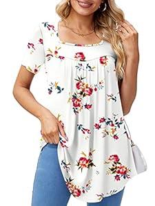 Elegant Shirts for Women Dressy Casual Short Sleeve Square Neck Tops Floral Print White Rose Flower S