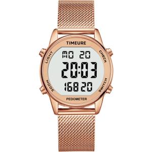 Women's Step Counter Pedometer Watch with Stainless Steel Bracelet, Stylish Design, No App, No Charging Needed for Step, Calorie, Distance, Alarm, Countdown TimerTU-2401 (Rose gold)