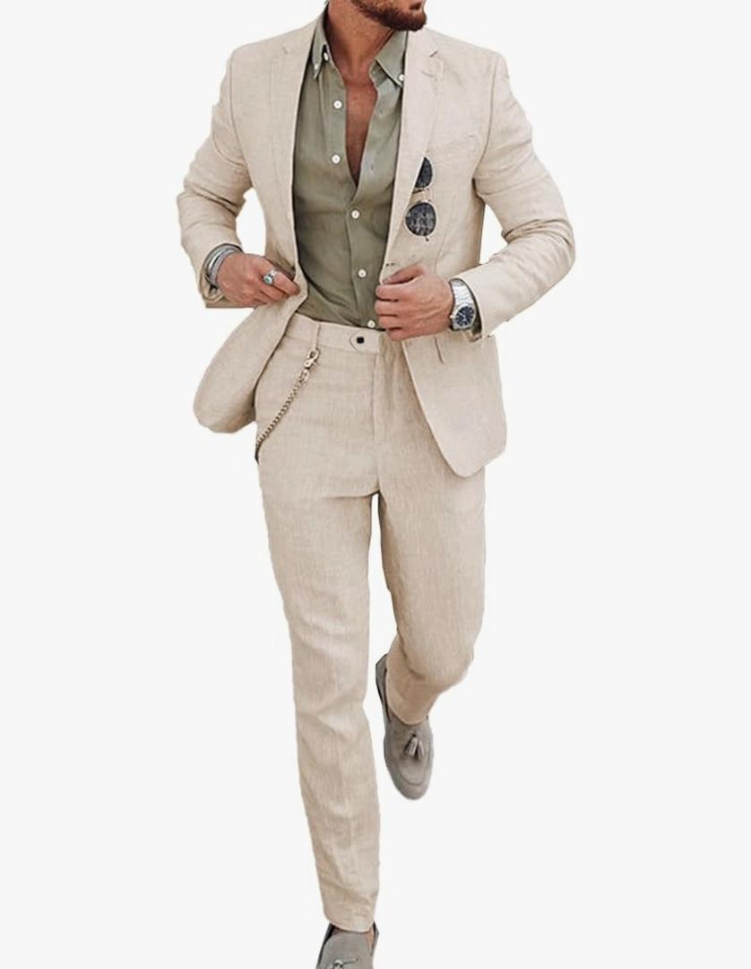 UNINUKOO Mens 2 Piece Suit Linen Summer Top Blazer Pants Sets Beach Wedding Wear Vacation Prom Suits for Men, Medium