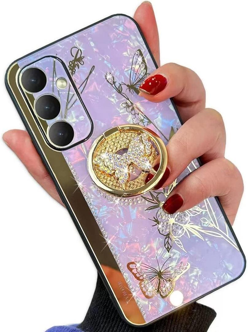 Bling Glitter Case for Galaxy A15, Cute 3D Floral Butterfly Luxury Sparkle Rhinestones with Kickstand Mirror Elegant Shockproof Protective Cover for Girls Women for Samsung A15 5G (Purple)