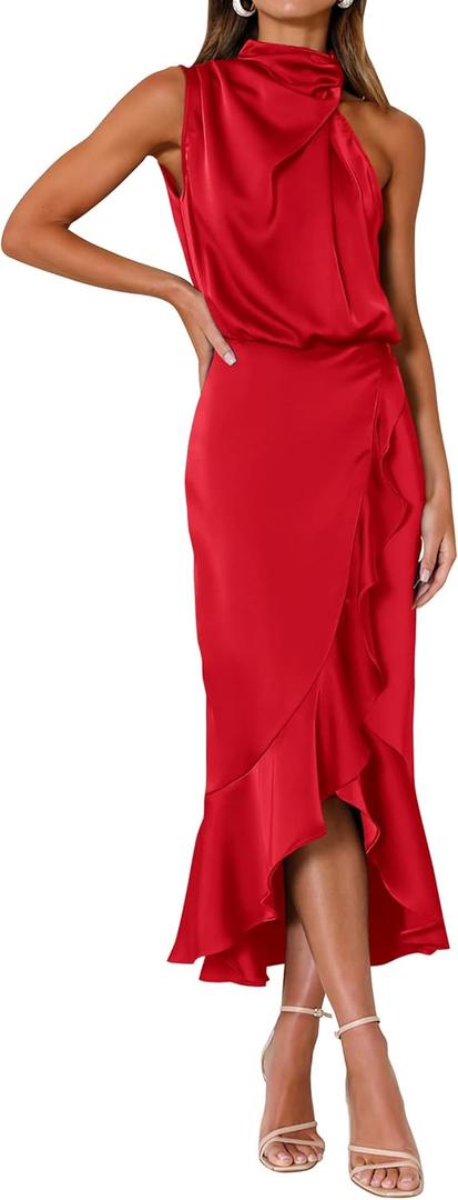 KIRUNDO Women 2025 Summer Fall Satin Mock Neck Wedding Guest Party Cocktail Midi Dress Sleeveless Wrap Ruffle Formal Dresses (Medium, Red)