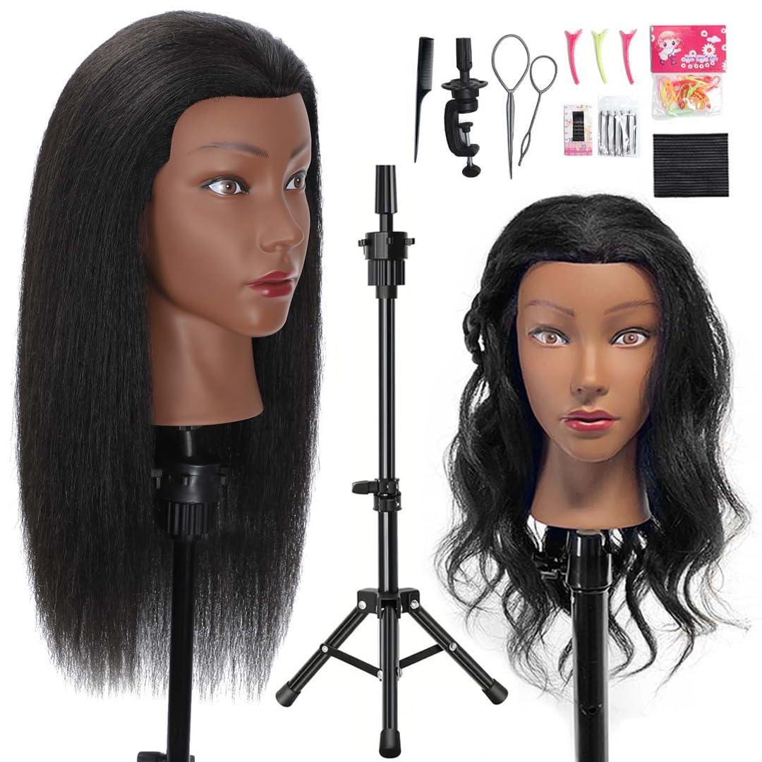 18" MQHIHI Mannequin Head Human Hair with Tripod Set, 100% Real Hair Cosmetology Manikin Doll Head for Hairdresser Practice Braiding with Tripod Set and Tools