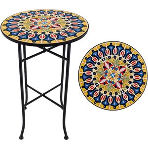 14 Inch Mosaic Patio Round Side Table with X-Straight Legs, 14" x 14" x 21.85"