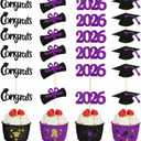 Chinco 100 Pack 2026 Graduation Cupcake Toppers Glitter Grad Cap Food Appetizer Picks Cake Caps Party Decorations Diploma Cupcake Picks for Cake Class of 2026 Graduation Party(Black and Purple)