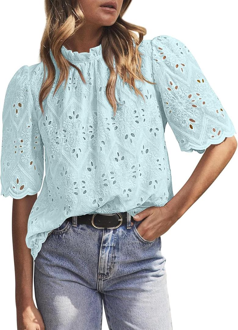 BETTE BOUTIK Womens Lace Tops 2025 Trendy Long Short Sleeve Eyelet Embroidered Dressy Casual Blouse Shirts (Blue, M)