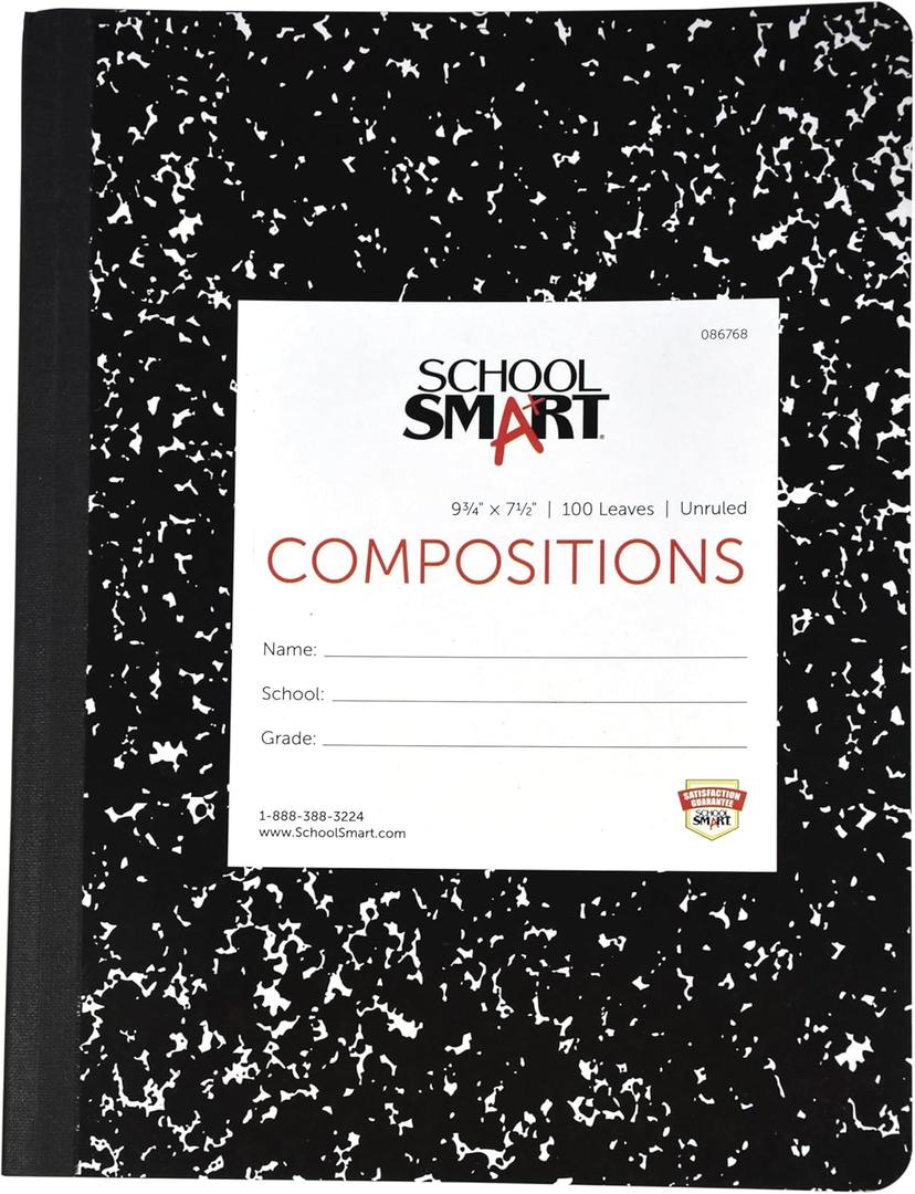 School Smart Hard Cover Composition Book, Unruled, 9-3/4 x 7-1/2 Inches, 100 sheets