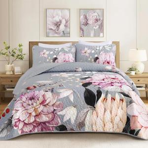 Drucon Floral Quilt King Size - 3 Pieces Grey Quilt Botanical Bedspread Soft Lightweight Flower Bedding Set for All Season (104"x90")