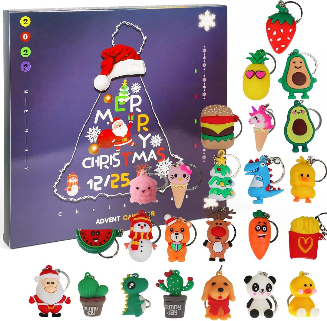 Ogrmar Christmas Advent Calendar for Kids Holiday Countdown Calendar with 24 Pcs Micro Lovely Silicone Doll Key Ring Christmas Holiday Gift for Children