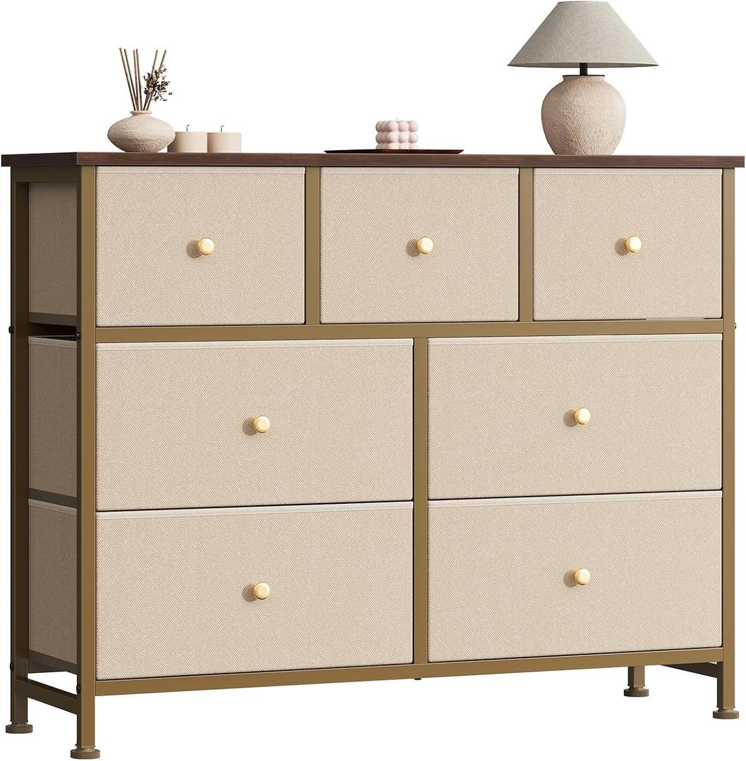 Sweetcrispy 7 Drawer Dresser for Bedroom Storage with Fabric Bins, Khaki, 39.3"D x 11.8"W x 30.3"H