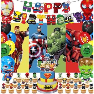 xisudwwdj 55 Pcs Hero Party Decorations,Birthday Decorations Include Banners,Cake Topper,Cupcake Topper,Latex Balloon,Shaped Aluminum Balloon,Backdrop Super Movie Theme Party