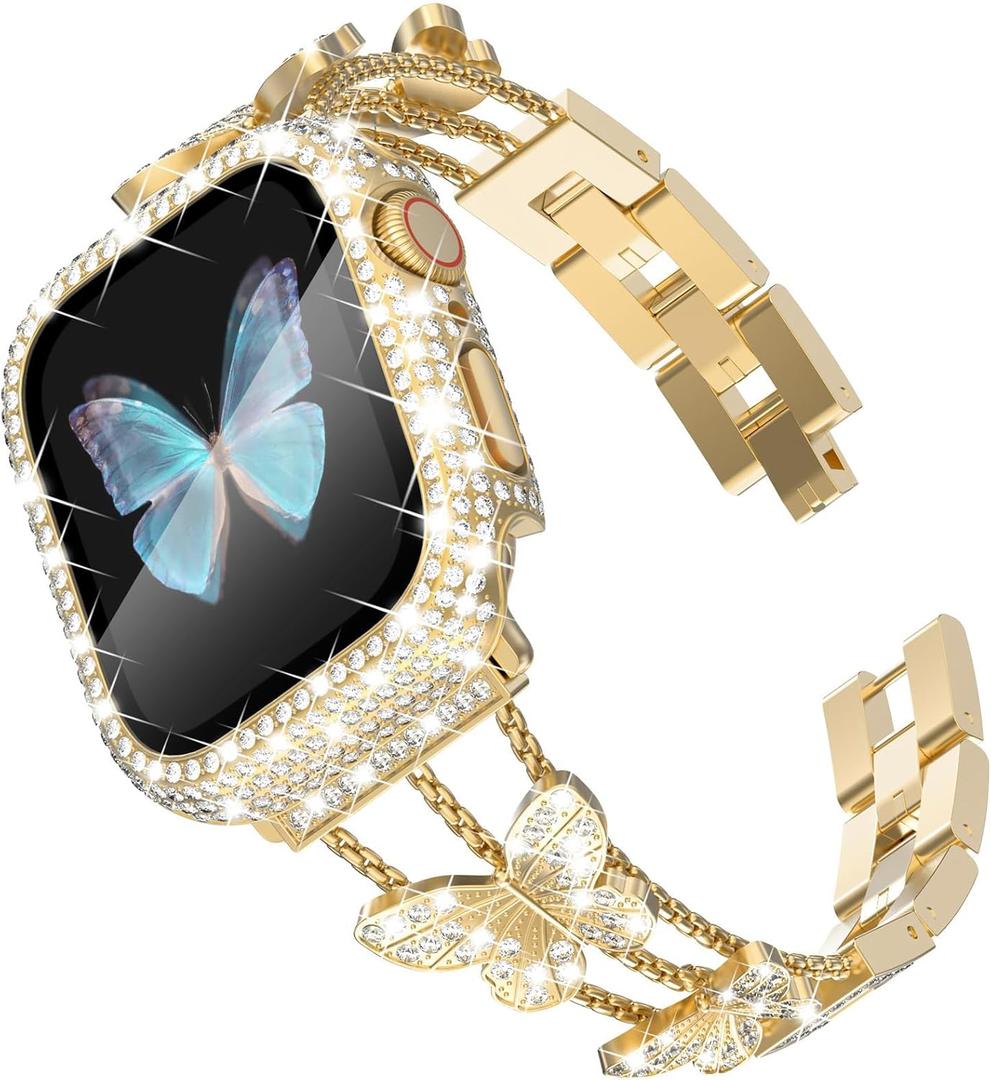 WINGLE for Gold Apple Watch Band and Case Women 40mm SE 3/2/1 Series 6 5 4, Butterfly Sparkle Diamond Metal Bands Rhinestone Crystal Bracelet iWatch Jewelry Chain with Bling Screen Protector, 40 mm