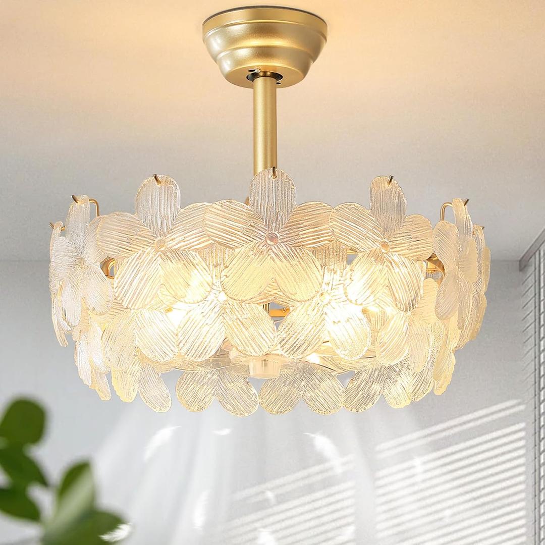 20'' Fandelier Ceiling Fans with Lights, Gold Caged Ceiling Fan with Remote Low Profile, 6 Speed and Petal, Modern Semi Flush Mount Ceiling Fan for Bedroom, Living Room, Nursery, 19.3 Inch