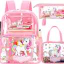 Kacctyen 3 Pcs Clear Backpack Heavy Duty Clear Stadium Bag Transparent Backpack with Lunch Bag(Pink,Rainbow, Unicorn), 16.9 x 12 x 6.5 inches