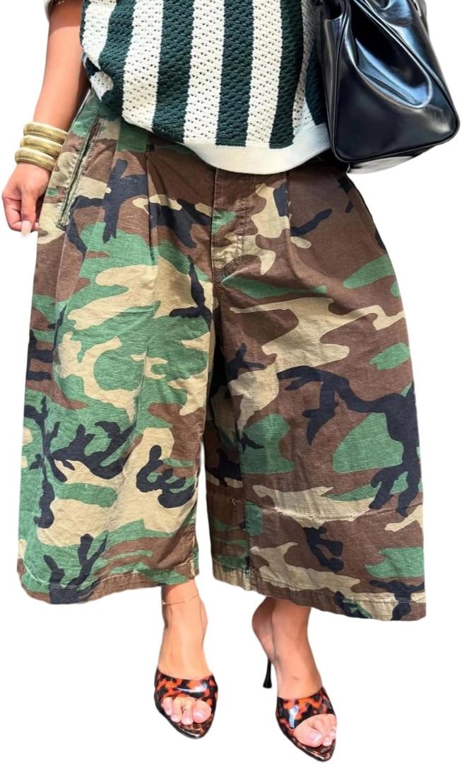 Unybwonn Women Baggy Cargo Jeans Camo Army Fatigue Wide Leg Harem Cropped Denim Pants Camouflage Jean Trousers (XL)