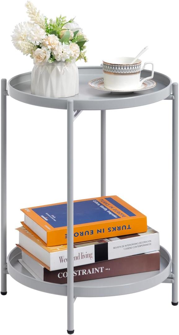 HollyHOME 2-Tier Round Side Table, Outdoor Small Folding Accent Stand with Removable Tray, Anti-Rust Metal Asional Table for Balcony Patio Living Room, Nightstand for Bedroom(Grey)