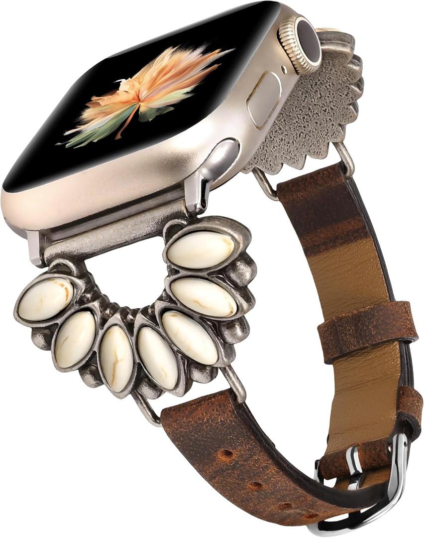 Moolia Boho Turquoise Strap Compatible with Apple Watch Band 42/41/40/38/46/45/44/49mm, Women Western Vintage Leather Strap Inlay for iWatch Series 11 10 9 8 7 6 5 4 3 2 1 SE/Ultra1/2/3 (Brown/White Turquoise)