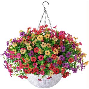 HyeFlora Artificial Faux Hanging Plants Flowers Basket for Outdoor Outside Spring Summer Decoration, Fake Silk UV Sun Resistant Realistic Colorful Daisy for Porch Patio Balcony Home