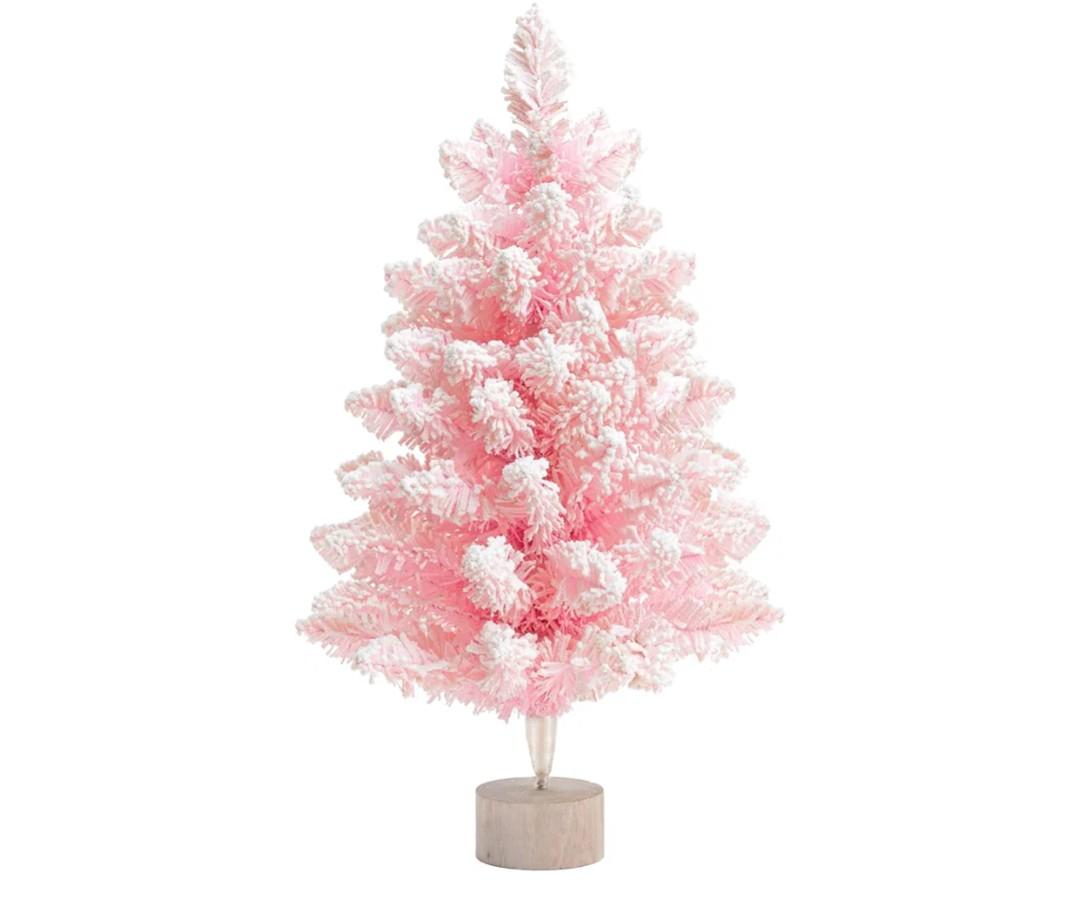 2FT Artificial Christmas Tree Pink Tabletop Christmas Tree with Wooden Stand Snow Flocked Mini Xmas Pine Tree for Christmas Indoor Outdoor Holiday Home Decoration