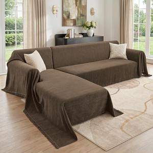 CAPALOCA Sectional Couch Covers 2 Pieces, L Shaped Couch Cover with Herringbone Pattern Chenille Sectional Cover Washable Sofa Slipcovers (XXX-Large: 71" x 118" + 91" x 134", Coffee)