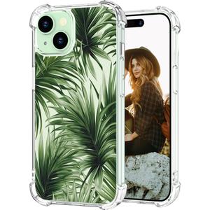 Hungo Compatible for iPhone 15 Case for Women Clear Design Cute,Girly Girls Aesthetic Designer Green Palm Leaves Tropical Plants Summer Pattern