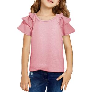DOKOTOO KIDS Girls Ruffle Sleeve Shirts Summer Cute Crewneck Blouse Tops (8-9 Years, Pink)