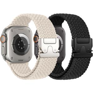 2 x Braided Stretchy Solo Loop Compatible for Apple Watch Ultra 2 Band 49mm 46mm 45mm 44mm 42mm 41mm 40mm 38mm Men Women, Nylon Sport Bands with Parachute Buckle for iWatch Series 11 10 9 8 7 6 SE 5 4 3 (Black/Starlight)