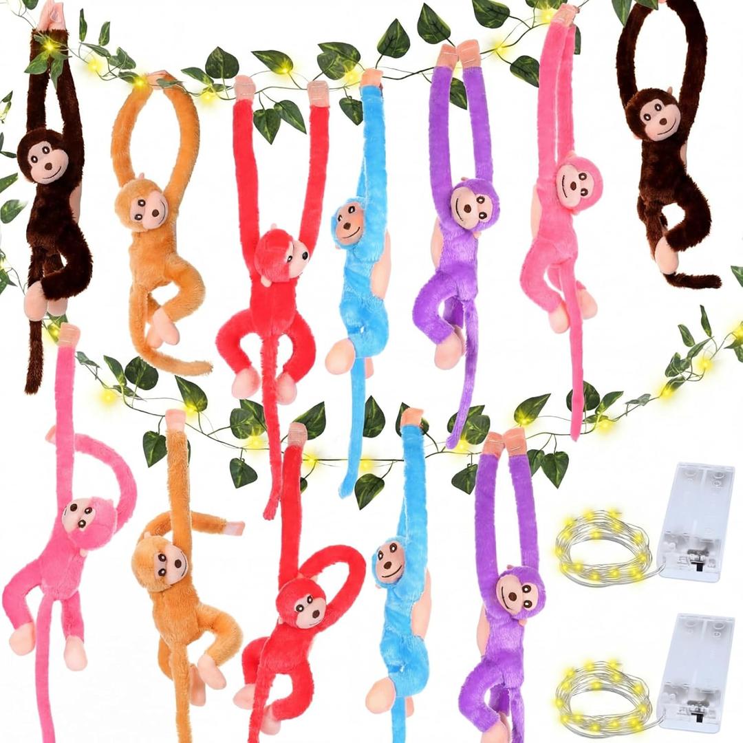Gemscream 12 Pcs 20 Inch Hanging Monkey Stuffed Animal Stuffed Monkey Plush with 2 Hanging Artificial Ivy Vines 2 Pcs 20 LED Fairy Light Battery Operated String Light for Gifts(Multicolor)