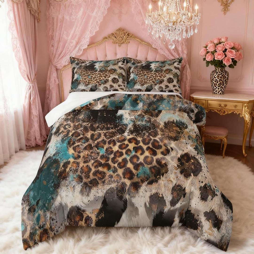 Leopard Print Kids Comforter Set King Size,Boys Girls Adults Bedroom Decor,Black White Cow Fur Texture Down Comforter,Abstract Animals Skin Bedding Set,Rustic Farmhouse Duvet Insert,2 Pillowcases