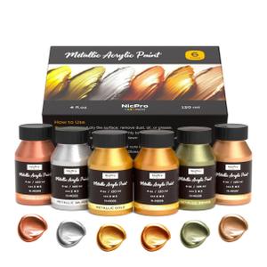 Nicpro Acrylic Paint Metallic, 6 Colors Gold, Silver, Copper, Brass, Bronze, DeepGold