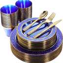 Nervure 150PCS Clear Blue Plastic Plates - Gold Party Plates - Blue and Gold Dinnerware Set Include: 50 Disposable Plate, 25Cups, 25Forks, 25Knives, 25Spoons for Wedding & Party & Hanukkah