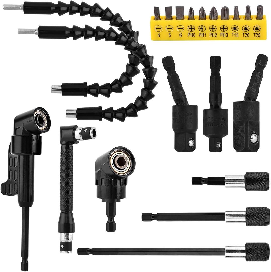 21Pcs Right Angle Drill Attachment Set Include 2Pcs Flexible Drill Bit Extension 3Pcs 360 Rotatable Socket Adapter 2Pcs Hex Shank 105 Right Angle Attachment 10 Screwdriver Bits(COLOR:black)